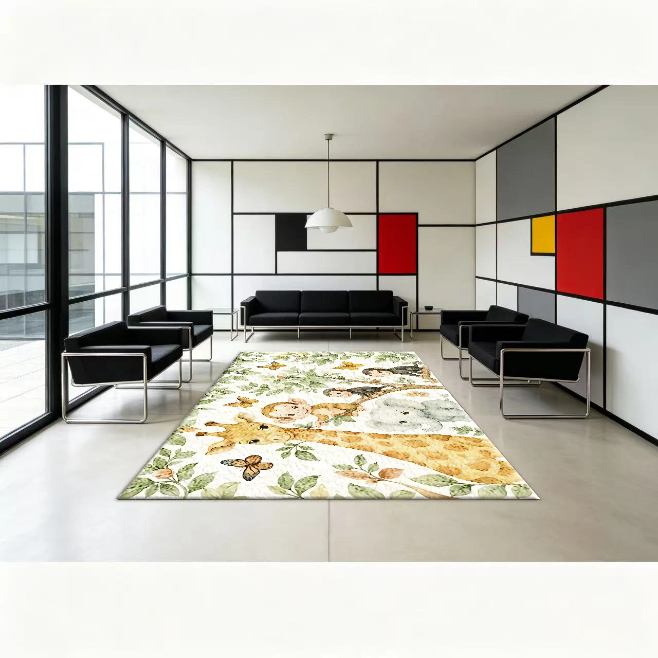 Watercolor Jungle Animals Carpet Giraffe Monkey Elephant Butterfly Kids Room Floor Rug