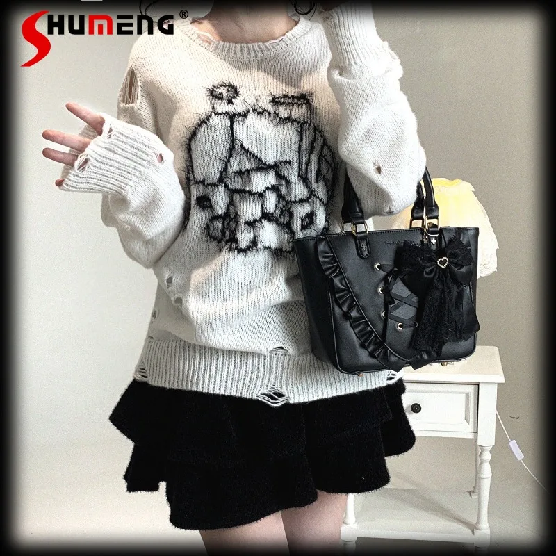 

Japanese Lolita Causul Loose Subculture Long Sleeves Sweater Pattern Crew Neck Pullovers Cartoon Kawaii Clothes Knitwear Ladies