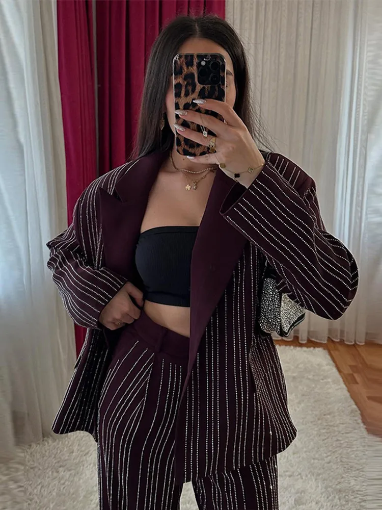 

Diamonds Glitter Jacket Pants Suits Women Elegant Lapel Long Sleeve Coats With High Waist Wide Leg Trousers Fashion Ladies Sets