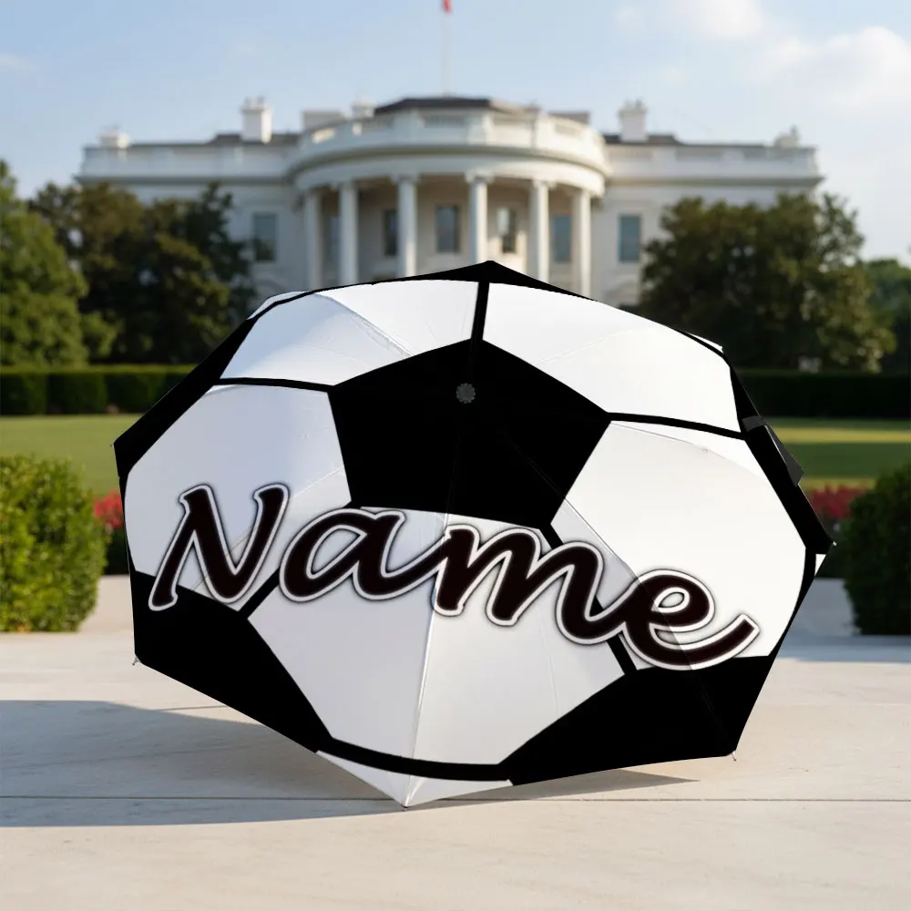 Custom Name Umbrella Black White Soccer Ball Print Folding Umbrella Compact Portable Travel Parasol For Football Sports Fans