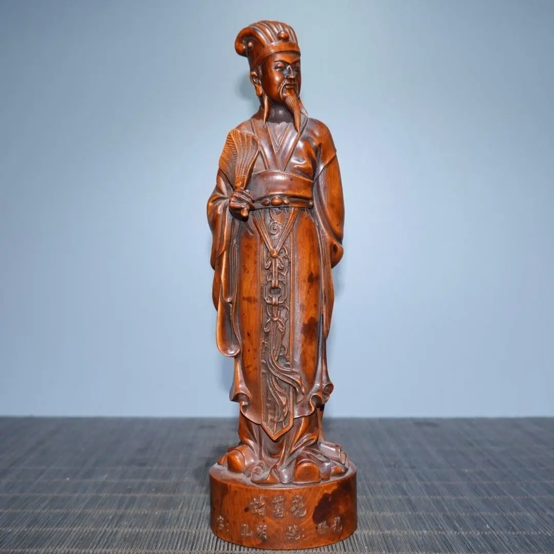 Hand Carved Wood The wise man zhuge liang Statue Figurine Desktop Ornaments Home Decoration