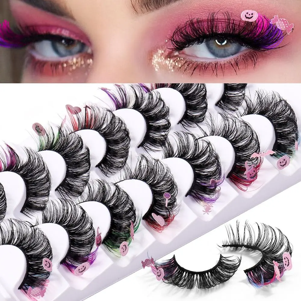 7 Pairs Dramatic Colorful Eyelashes Bat Pumpkin Witch Halloween Sequin Mink Eyelashes Russian Curly Soft Colored False Eyelashes