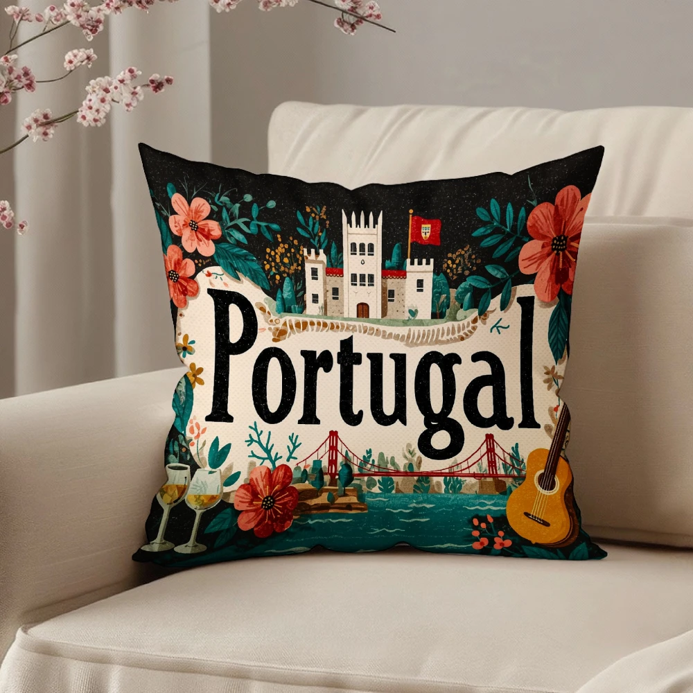 Decorative Throw Pillow Case Black Portugal Castle Bridge Guitar Floral Print For Living Room Sofa Bedroom Home Decor