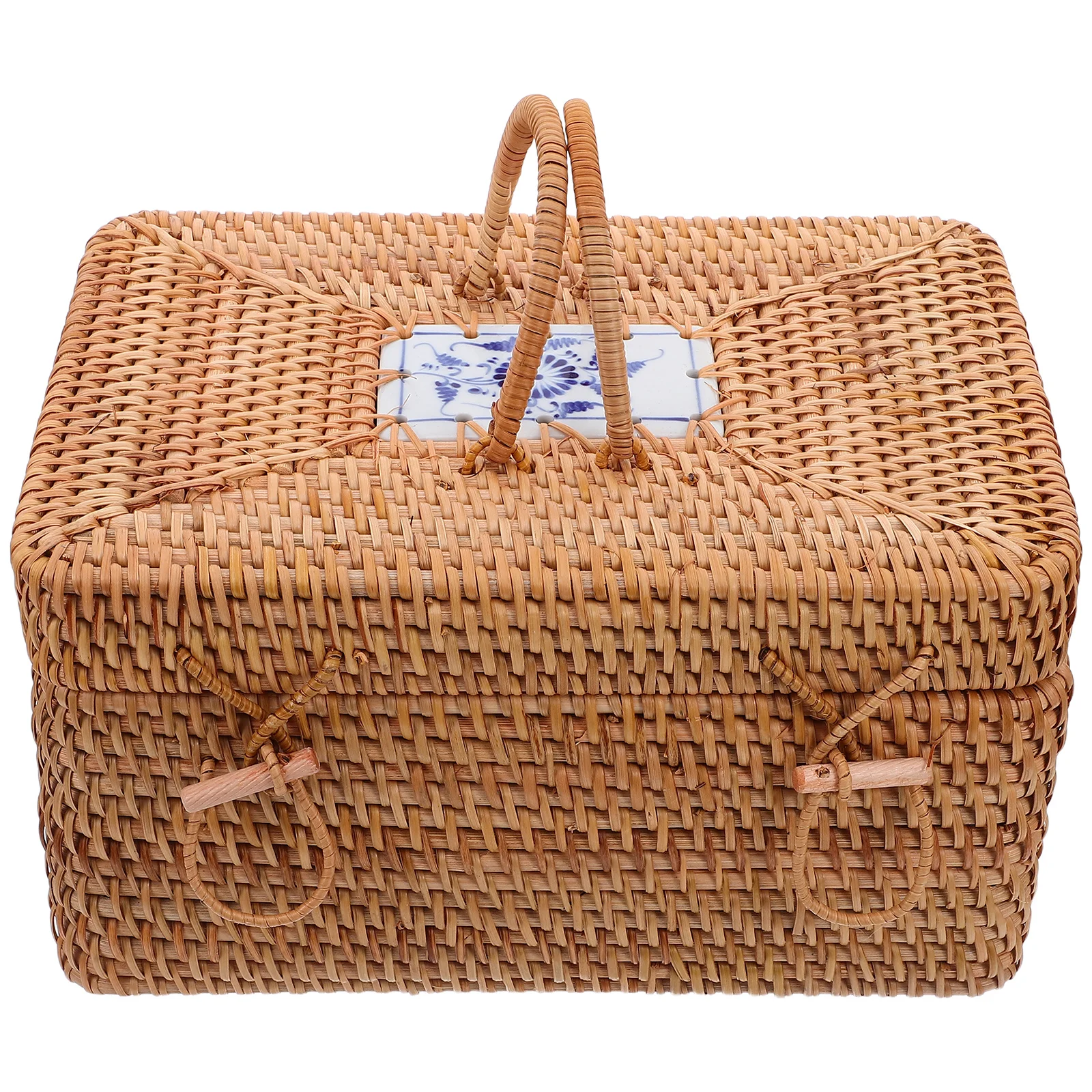 

Handwoven Rattan Storage Basket Large Capacity Rustic Picnic Organizer Handle Outdoor Camping Food Vegetable Snack Box
