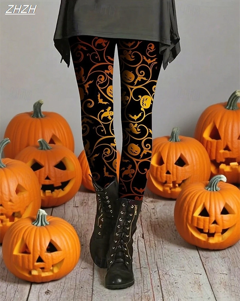 Women's Leggings Halloween Theme Printed Outdoor Pants Polyester Spandex Stretch Elastic Waist,Control Fall Winter Streetwear