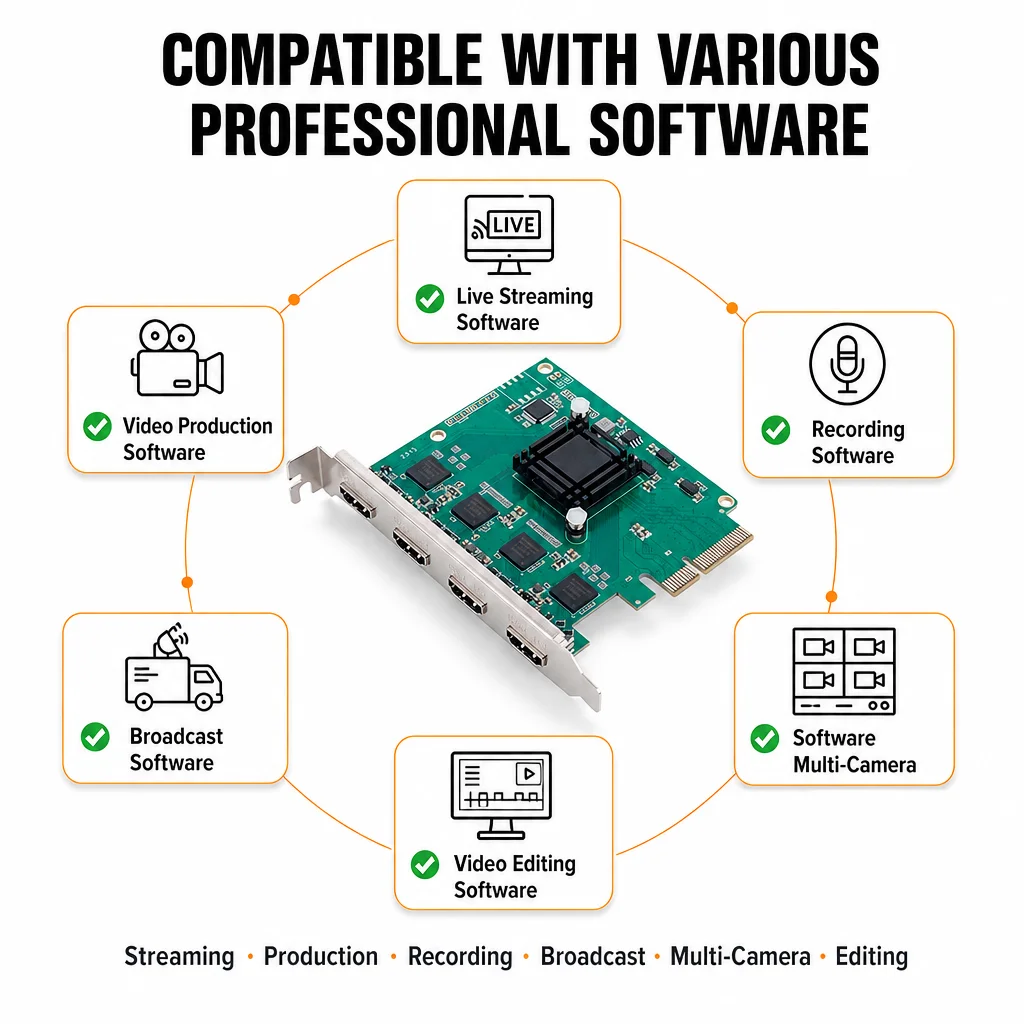 HDMI Video Capture Card PCIe x4 4 Channel 1080P 60fps Cascade Up To 12 Channels SDK Support Win10/11