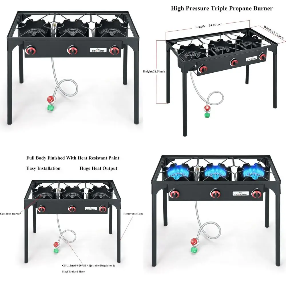 ارتفاع ضغط الثلاثي البروبان الموقد في الهواء الطلق البروبان موقد للتخييم مع 0-20 PSI قابل للتعديل منظم الضغط العالي وحمالة صدر الصلب