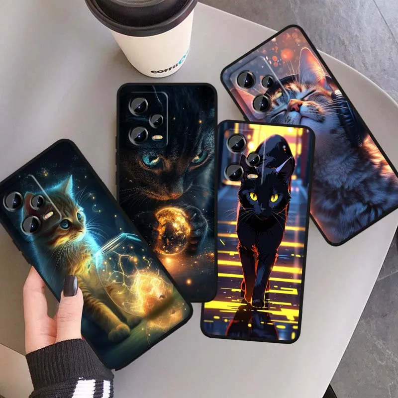 

Popular Luminous Cat Art Phone Case For Xiaomi Redmi Note 14 13 12 12S 11E 11 11S 11T Pro Plus 4G 5G Black Soft TPU Cover
