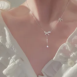 Korean Fashion Micro Zircon Bow Pendant Necklace for Women Collarbone Chain Necklace Crystal Pendant Jewelry Collares Para Mujer