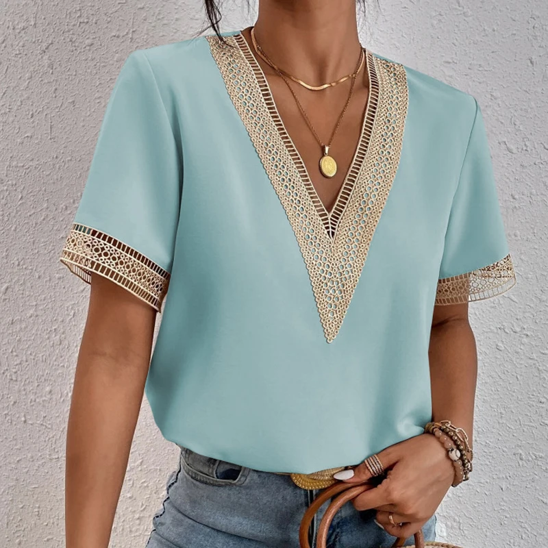 Summer Elegant Short Sleeve Lace Chiffon Blouse V Neck Office Lady 2024 Loose Woman Shirts Casual Tops Hollow Out Clothes 25125