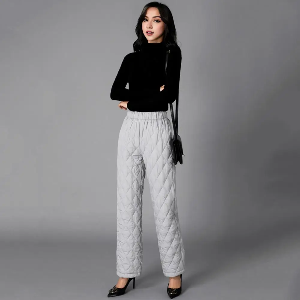 

Women Rhombus Texture Pants Cozy Rhombus Quilted Cotton Pants for Autumn Winter with Wide Leg Pockets Solid Color Warm for Women