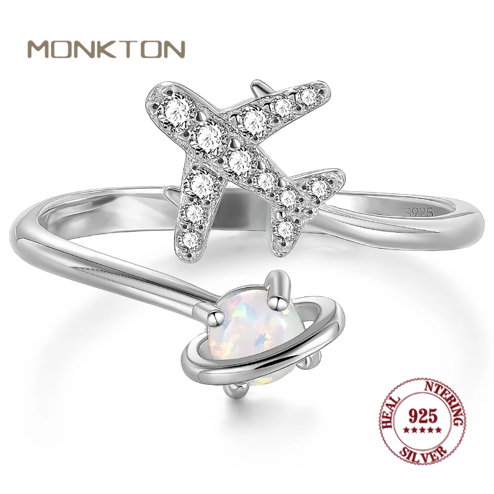 

Monkton S925 Sterling Silver Airplane Rings for Women Teen Girls White Opal Opening Engagement Rings Best Gifts for Stewardes