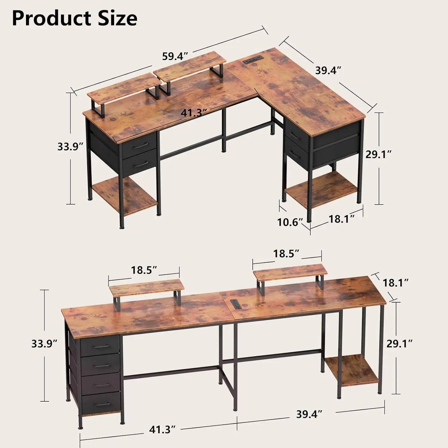 L Shaped Computer Desk with Power Outlets, Home Office Desk with 4 Adjustable Storage Drawers, Corner Desk with 2 Monitor Stands