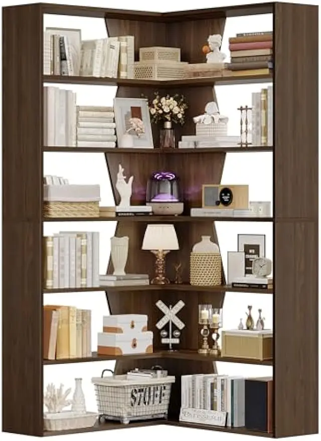 6-Tier Corner Bookshelf, Modern Bookshelf and Bookcase, Tall Bookcase Open Display Storage,  Rustic Brown