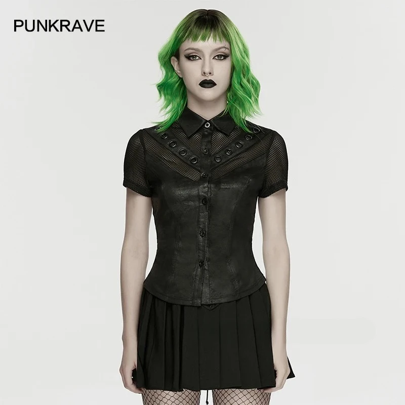 PUNK RAVE Women's Punk Cracked Leather Mesh Spliced Personalized  Shirt  Black Eyelets Slim Dark Tops