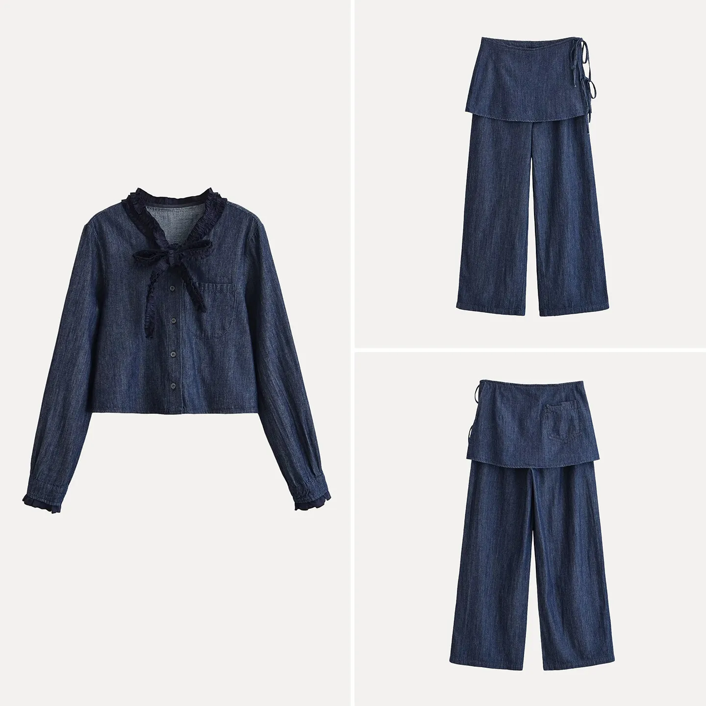 

Women's Denim Shirt with Wood Grain Tie Pocket Wide Leg Pants High Waist Spring Fashion Set ZADATA Brand Long Sleeve