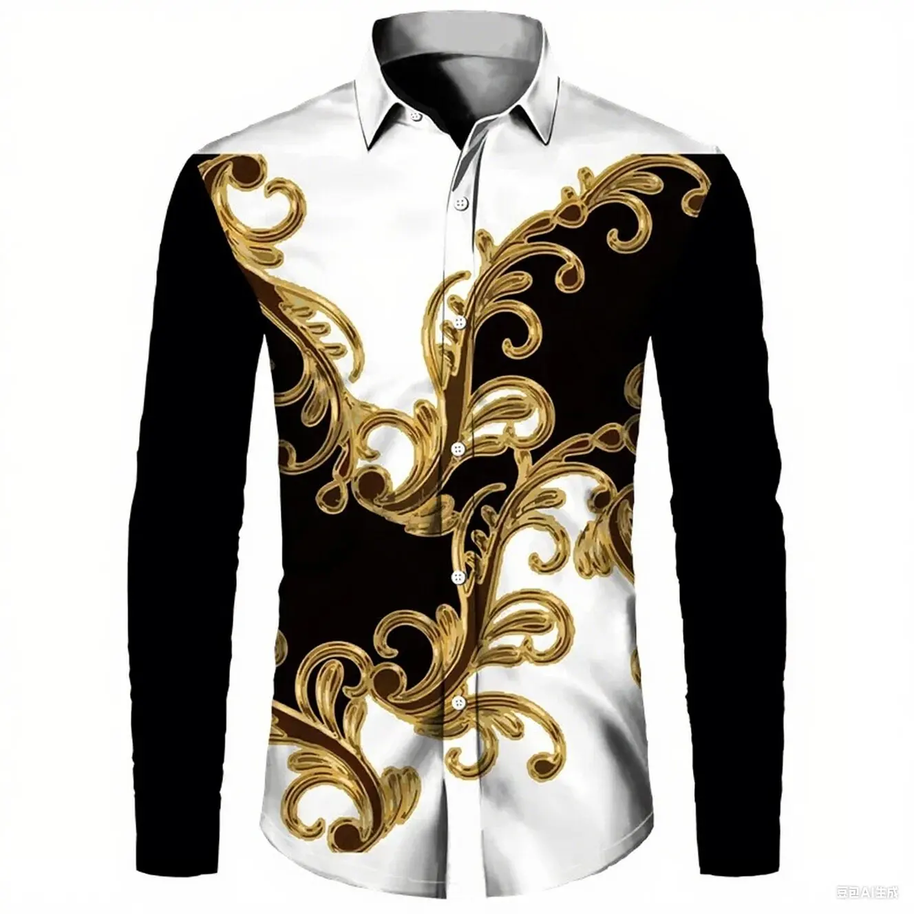 Men Black Gold Baroque Floral Scroll Print Long Sleeve Shirt Turn Down Collar Luxury Striped Splicing Party Casual Tops