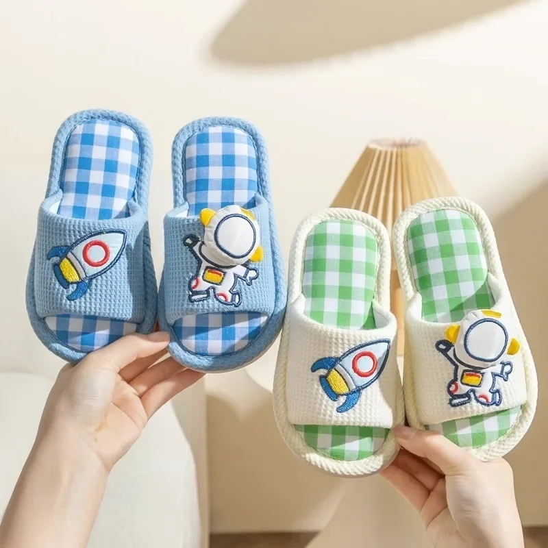 

2026 Cartoon linen slippers children four seasons home floor household mute cotton linen sweat slippers soft and comfortable