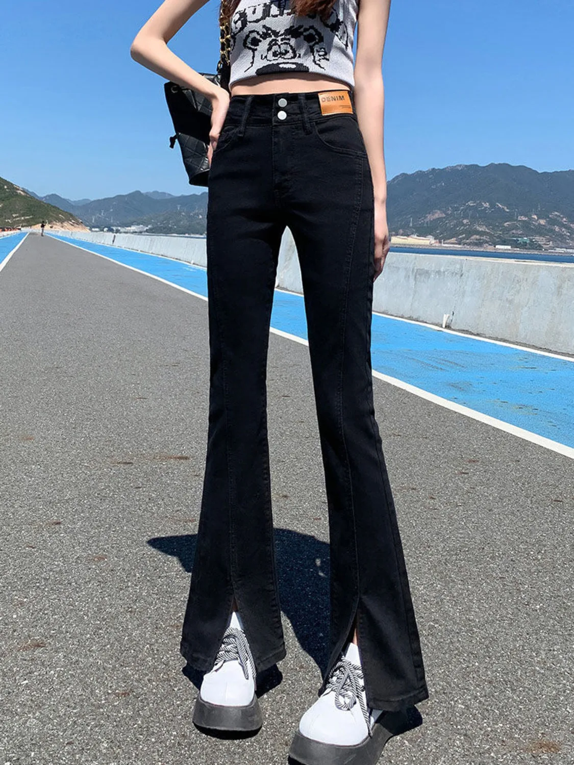 

2026 Summer High Waist Flared Jeans for Women Front Split Hem Stretch Denim Bell Bottom Pants Vintage Washed Bootcut Trousers