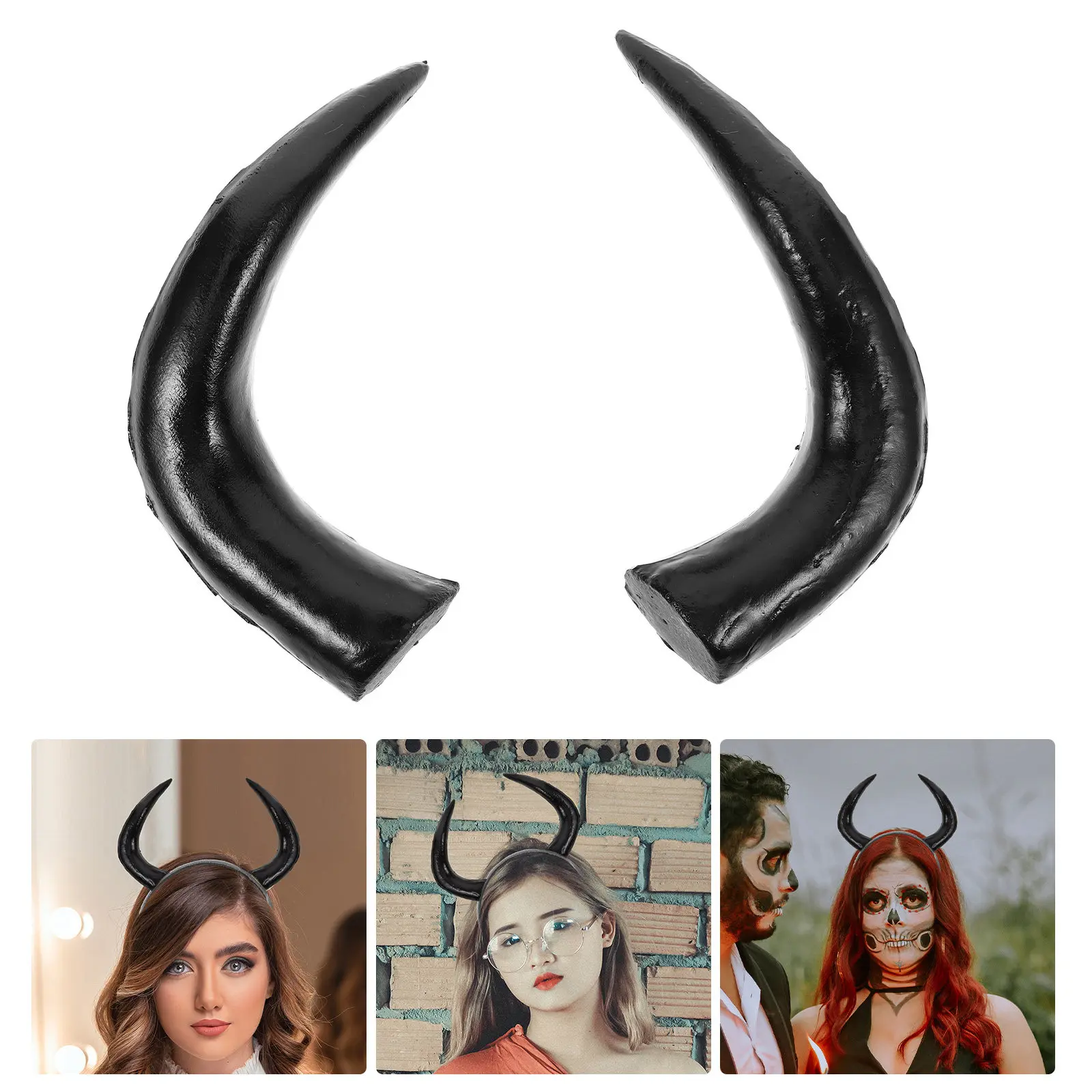 1Pair Black Plastic Simulated Ox Horn Hair Accessories Horn Style DIY Headband Clip Medium Fit for Halloween Cosplay Bull