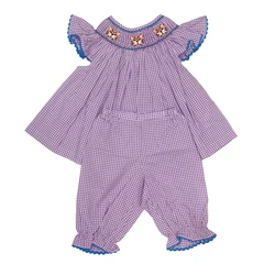 Smocking 2Pcs Set Tiger Embroidery Boutique Children's Clothing Flying Short Sleeves Combed Cotton Purple Cute Outfit Summer