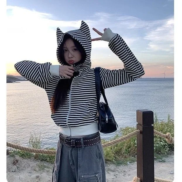 

Толстовки с капюшоном на молнии Oversize с длинным рукавом для женщин Femmes Cropped Longsleeve Gothic Shoujo Downtown Street Wear Emo Girl Fur Y2k