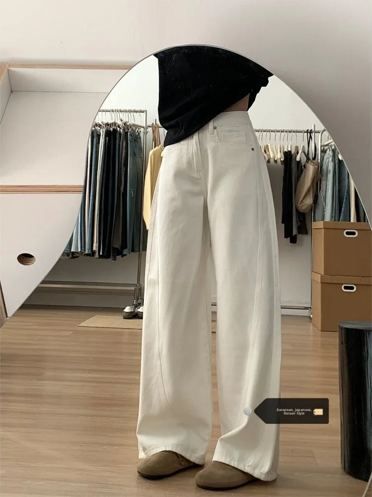 

Large Size Vintage Lazy Sle White Simple Drapey Denim Pants Women Summer New Loose Wide Leg Straight Cut Trousers