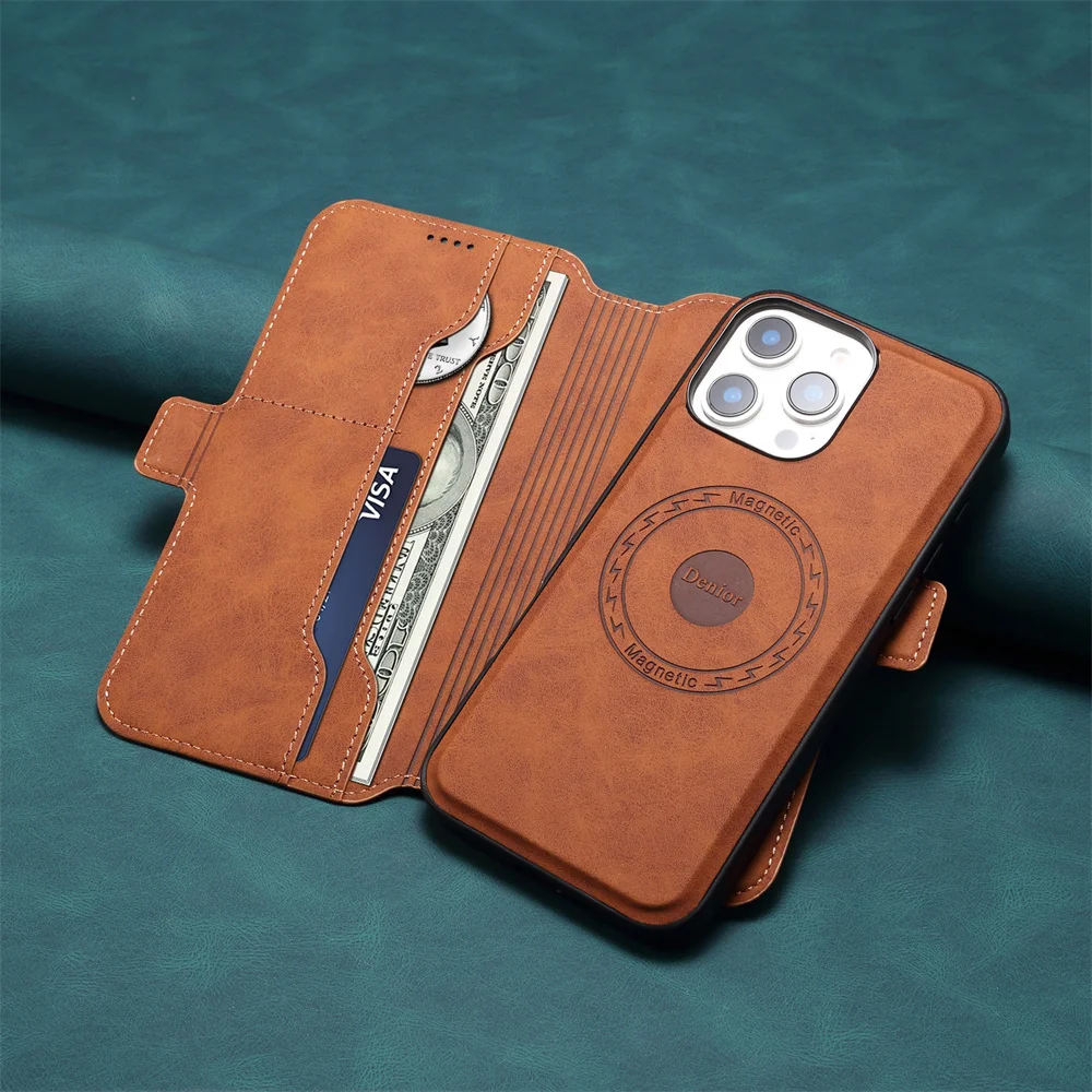 

Denior Luxury 2 in 1 Detachable Magnetic Flip Leather Case for iPhone 16 Pro Max 13 14 Pro 15 Plus 16E Retro Leather Wallet Case