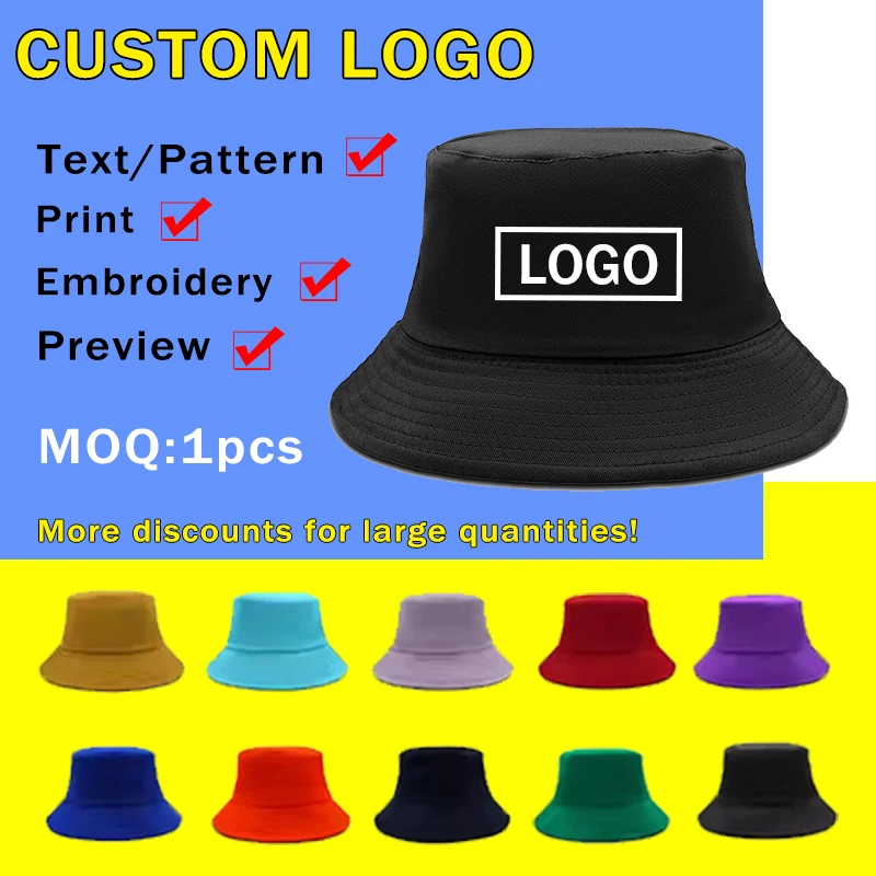 1Pcs Hot stamping  Free Custom LOGO Bucket Hat Women Men Summer Fishing Hats Casual Fishermen Cap Brim K pop Hip Hop Sun Hat