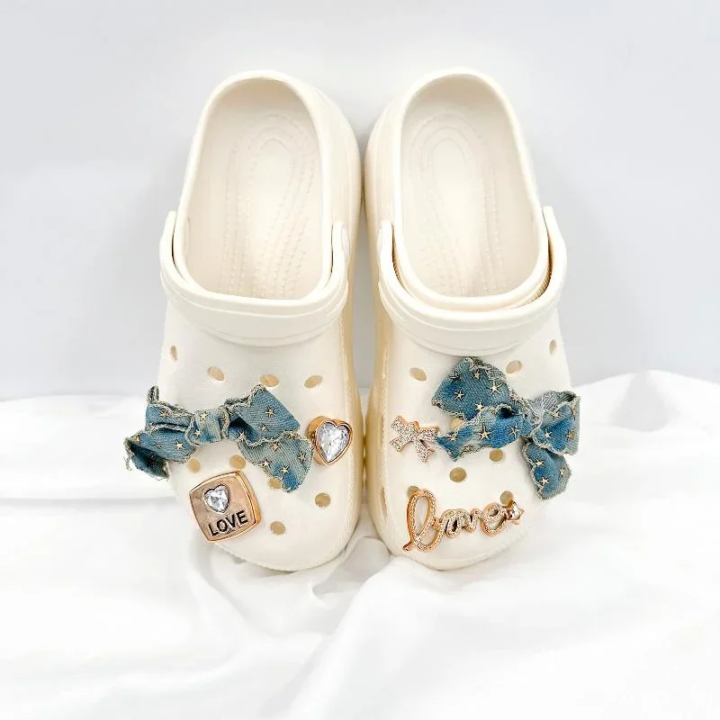 6pc/set Denim Bow Shoe Charm Trendy Rhinestone Bowknot Shoe Decoration Kit Creative Vintage Shoe Buckle Holiday Gifts