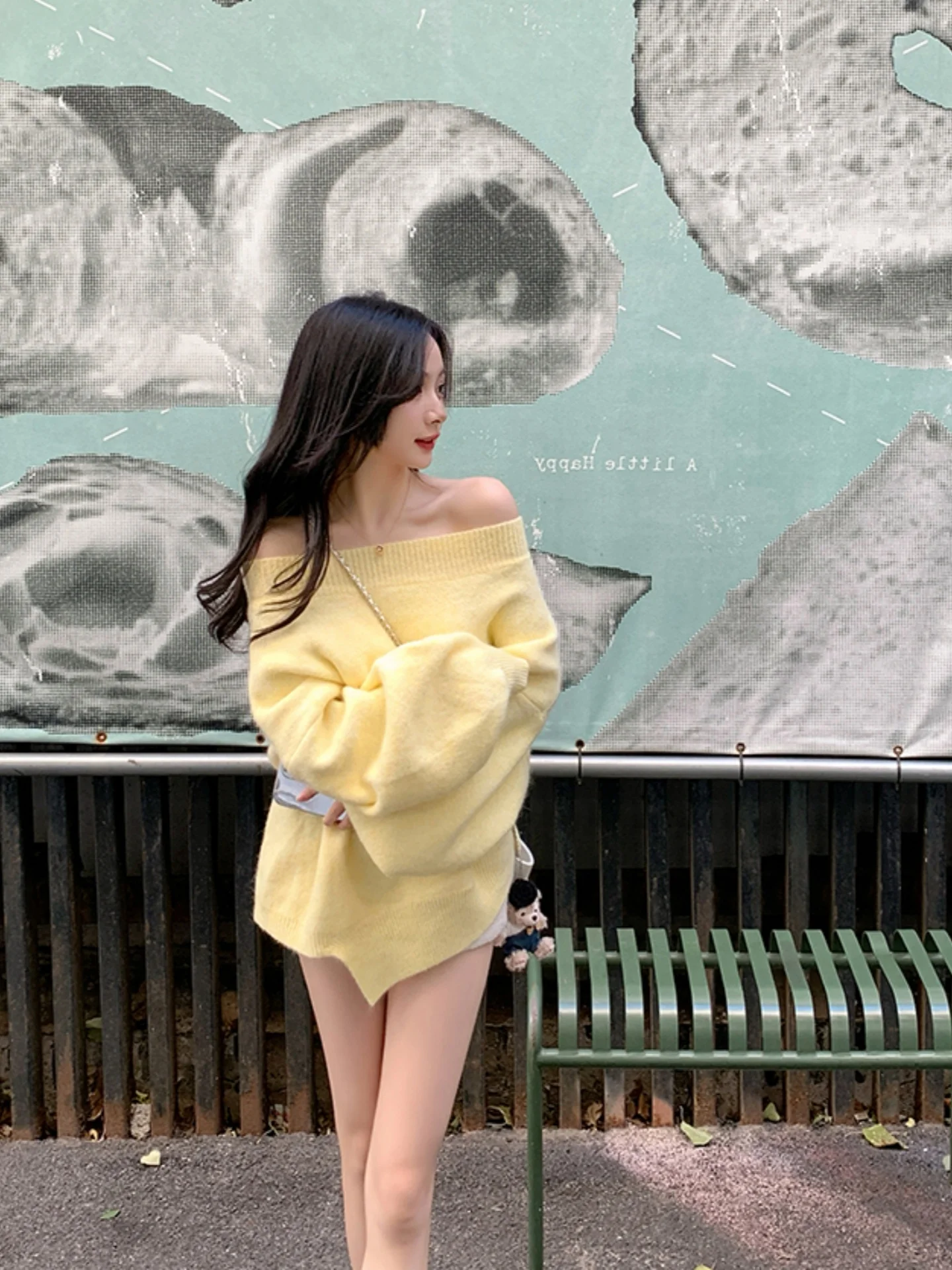 Yellow Shoulder Bared Long Sleeve Knitted Sweater Women's Loose Comfortable Unique Beautiful Gentle Autumn Winter Fashion Top