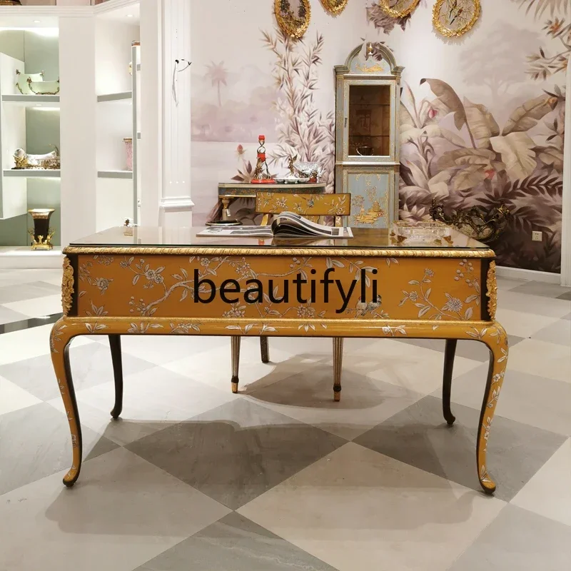 French bedroom beech computer desk export golden yellow hand-painted book desk and chairs2936