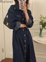 Korean Casual Loose Spring Summer Women Denim Shirt Dress Ladies Womens Denim Lace Up Dresses Chic Woman Office Cardigan Dress