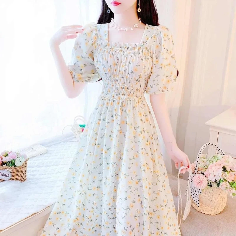 

Floral Print Square Neck Puff Sleeve Dress For Women Summer Sweet Style Loose A Line Fit With Shirring Detail