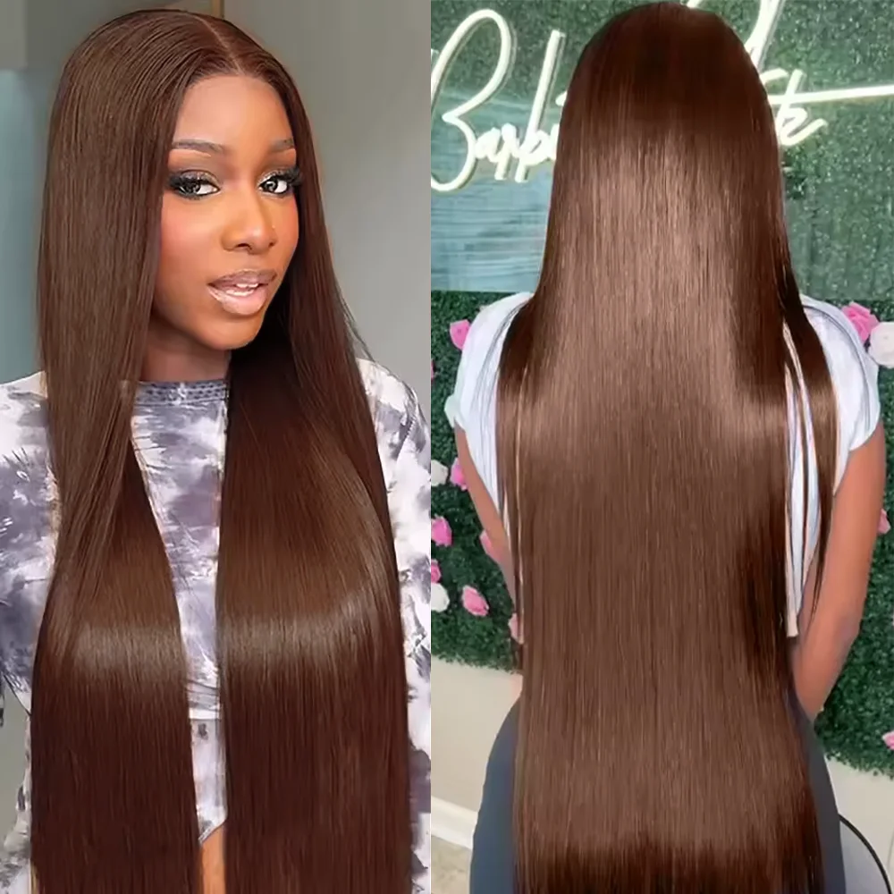 

High Density Chocolate Brown 46 Inch Bone Straight Lace Front Human Hair Wig Straight Wig 13x6 Transparent HD Lace Frontal Wigs
