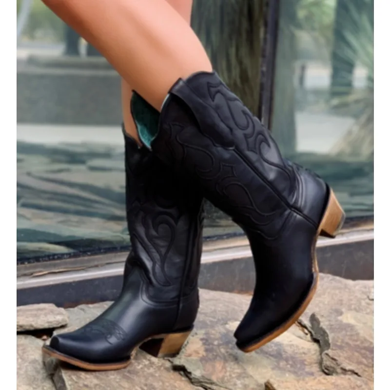 PU Leather Embroidery Pointed Toe Mid-Calf Women Cowboy Boots Chunky High Heels Side Zipper Design Large Size Cowgirls Shoes