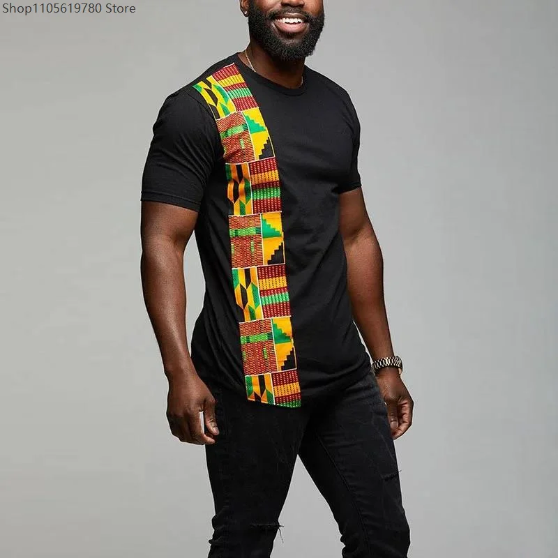 Mens African Kente Print Short Sleeve T‑Shirt Ankara Style Patchwork Color O‑neck Top Cosplay Outfit Stage Carnival Costume