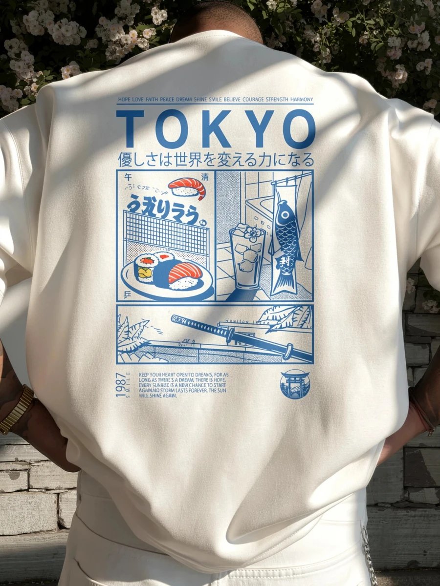 Men's 100% Cotton Tokyo Japanese T-shirt Retro Anime Samurai Sushi Pattern T-shirt Japanese Street Style Summer Top