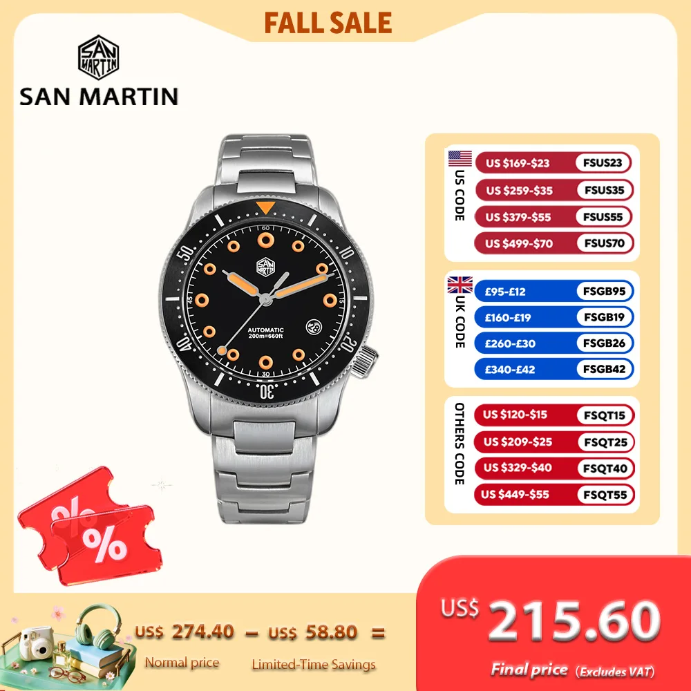 San Martin 39.5mm YN55 Men Automatic Diving Watches 4H Date Window Sapphire BGW-X1 / Orange Lume Relogio 20Bar Waterproof SN0142