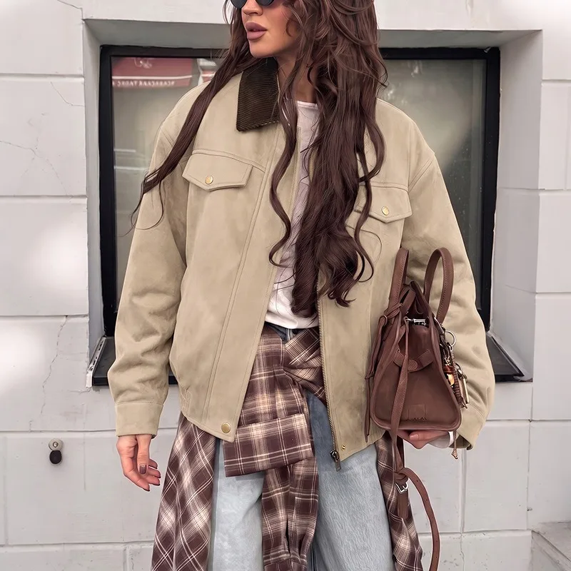 Womens Trendy Fashion Lapel Collar Loose Fit Zip Up Jacket Coat Fall Winter New Outerwear Casual Chic Streetwear Elegant Classy