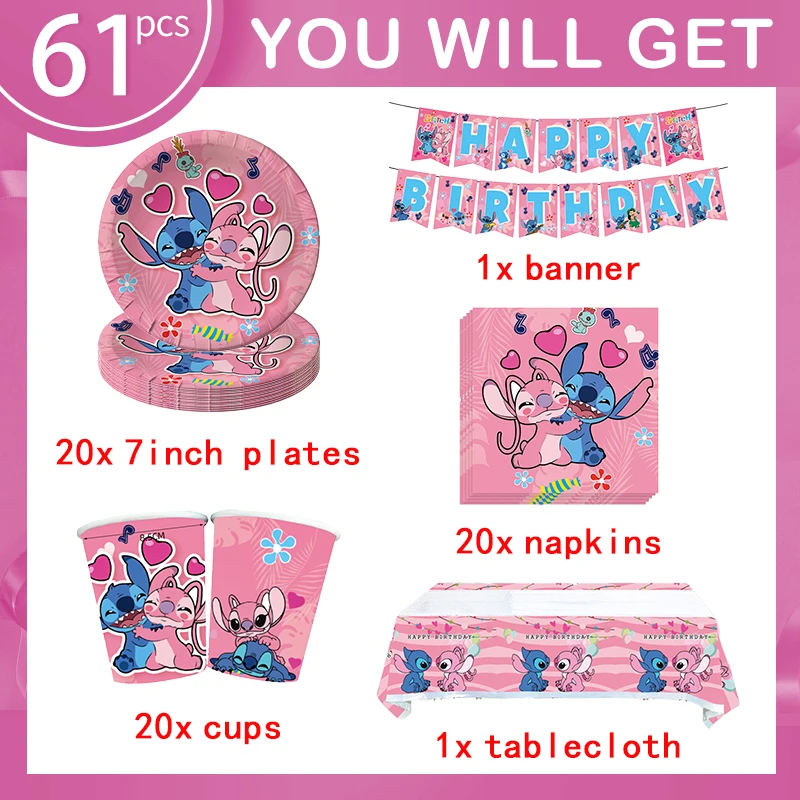 Disney Stitch Theme Birthday Party Decoration Set di stoviglie Pink Lilo And Stitch Angle Balloon Decor Supplies Kit per bambine