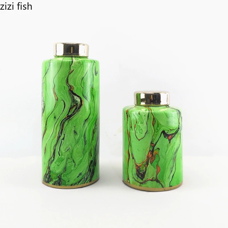 

Marble Patterned Ceramic Storage Jar Ornament Storage Bottle with Cover Food Containers Desktop Organizer Storages Tank Vase