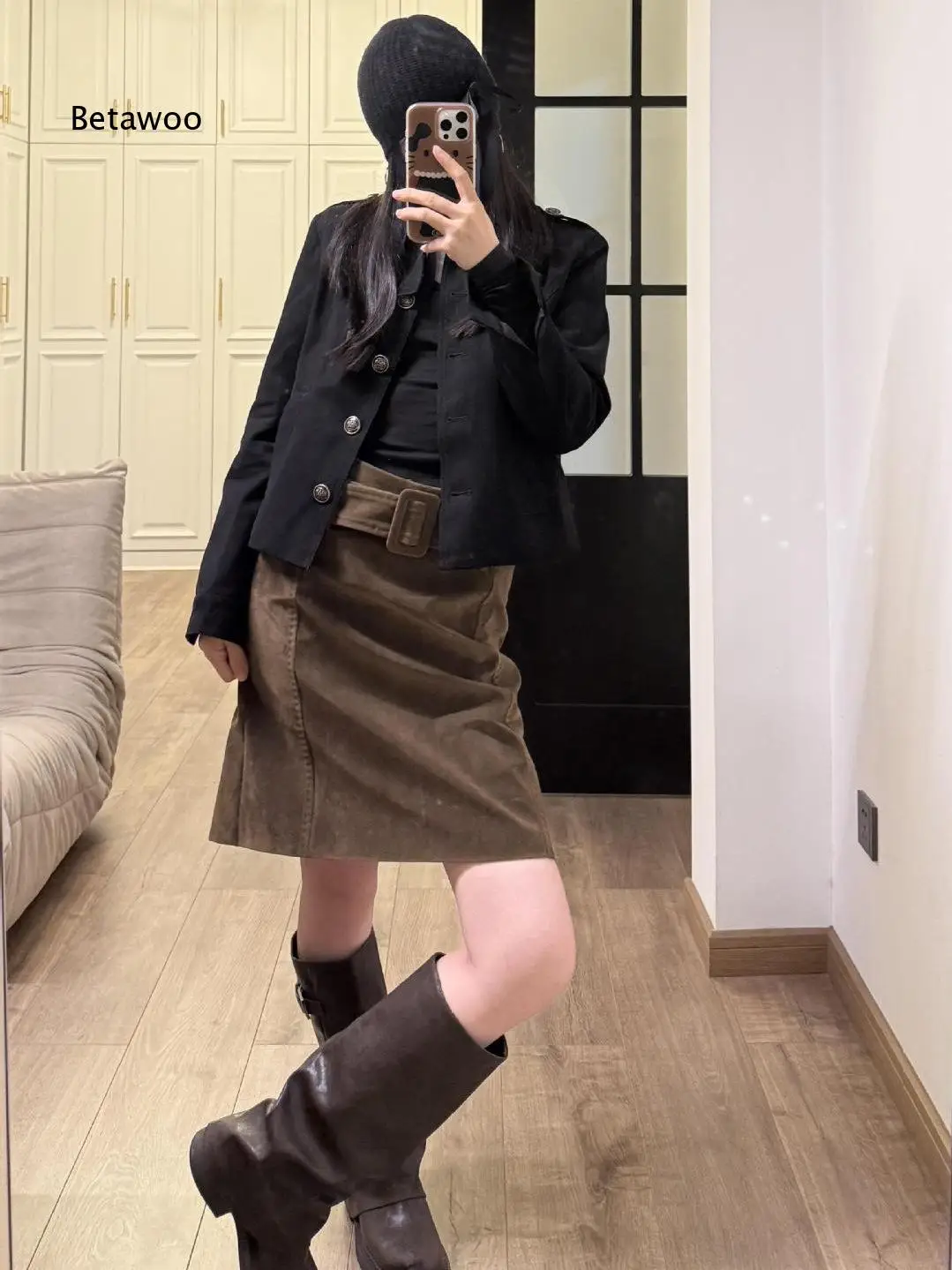 Women High Waist A Line Midi Skirt with Belt Suede Fabric Straight Cut Casual Commute Office Daily Wear