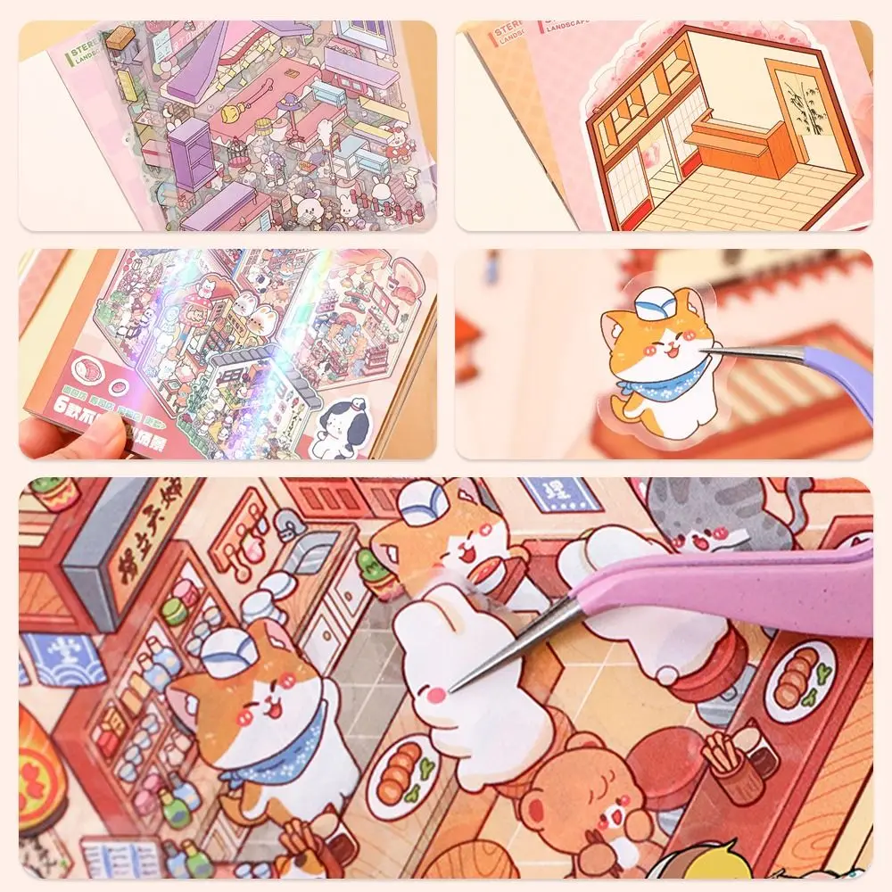 Cartoon 3D Landscape Sticker Book Three-dimensional DIY Cabin Scene Pocket Sticker Miniature Scene Book Student Kid Child