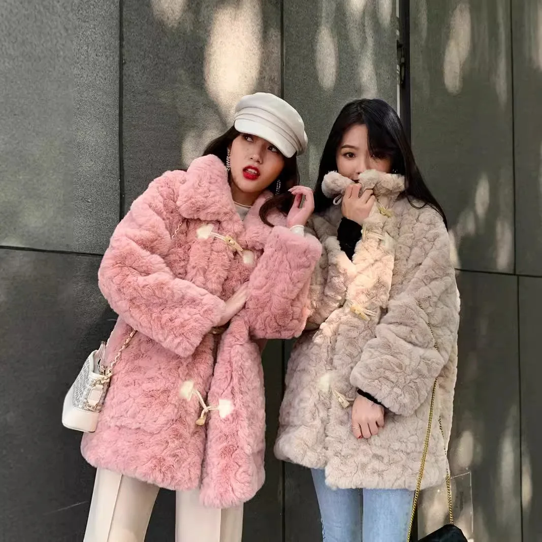 Women Faux Fur Mid Length Coats Jackets Turn Down Collar Coat Thick Warm Y2k Streetwear Jacket Elegant Work Autumn Winter