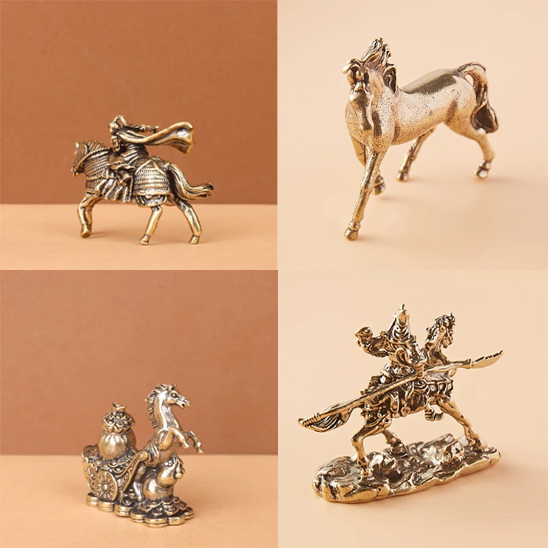 Antique Brass Solid Long Tail Horse Figurine Miniature Ornament Copper Zodiac Statue for Home Shelf Decor Collection