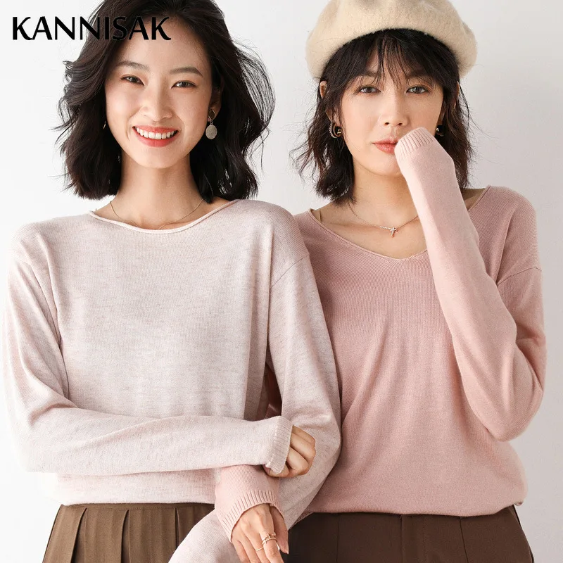 2024 Spring Autumn Womens Sweater Solid Knitwear Korean Loose Female Basic Casual Jumpers Stretch Pullover Sky Blue Pink Sweater