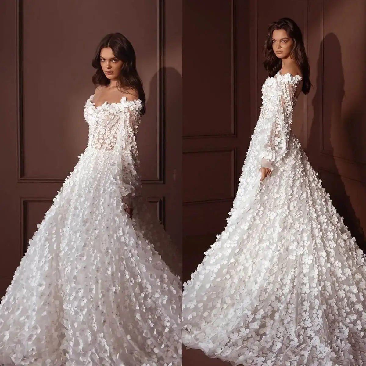 Illusion A Line Wedding Dress 3D Appliques Off Shoulder Long Sleeve Bride Gowns Ruched Sweep Train Bridal Dresses Custom Made