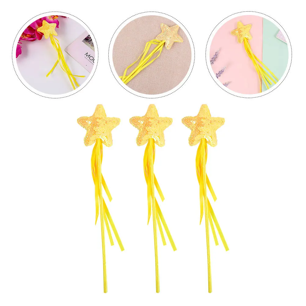 3Pcs Star Fairy Wands Ribbon Design Sequin Decorative Fairy Sticks for Party Performance Cosplay Props Magical Rods