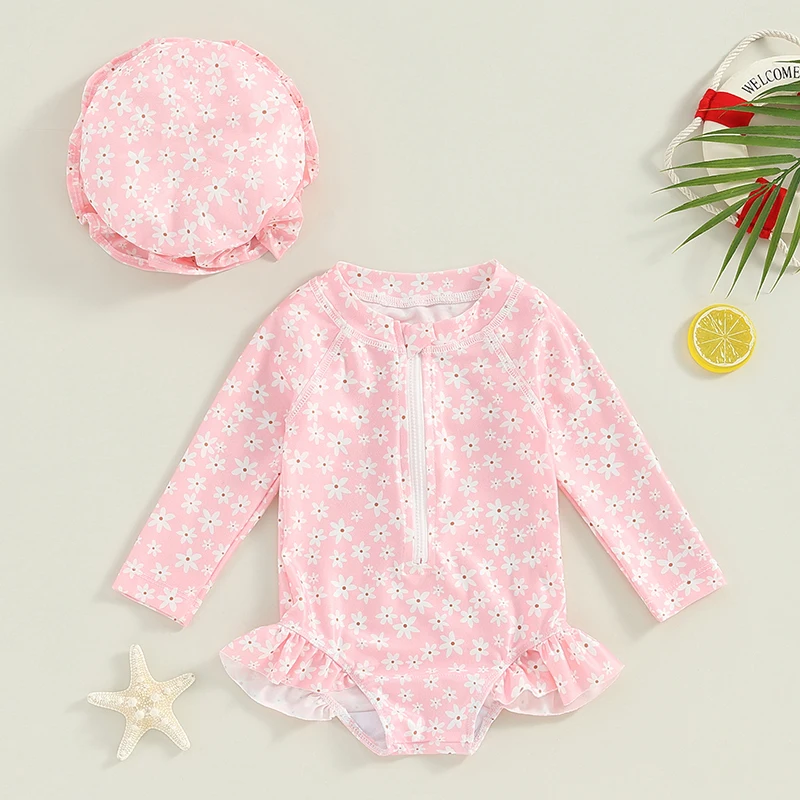 6M-3T Toddler Rash Guard Swimsuit Jumpsuit Long Sleeved Floral Print Baby Ruffled Edge Swimsuit With Swim Cap